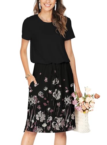 Image of Simier Fariry Womens Summer Hide Belly Knee Length Travel Dress Pocket Short Sleeve Midi Work Casual Outfits
