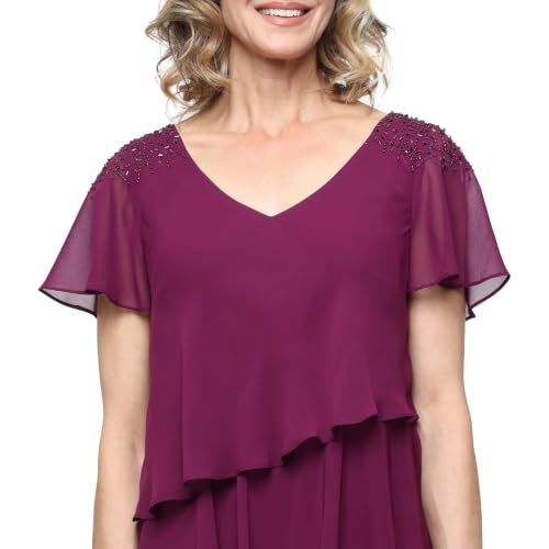 Image of S.L. Fashions Women's V-Neck Chiffon Cocktail Dress with Beaded Shoulders and Asymmetrical Tiers (Petite and Regular Sizes)