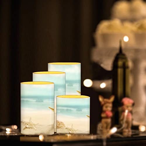 Image of Beach Starfish Seashell Flameless LED Battery Candles 4 Pieces Pillar Fake Candles with Colored Light 4H 8H Timer Remote for Wedding Beach Party Coastal Room Decor