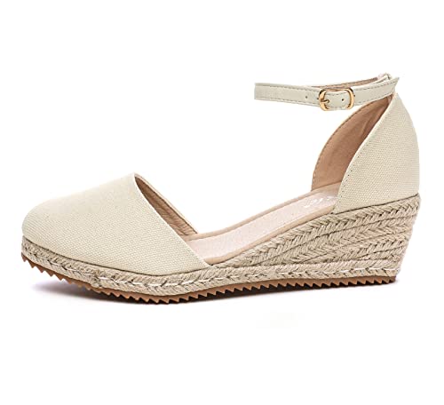 Image of Altxic Women's Closed Toe Canvas Ankle Strap Espadrilles Wedge Sandals