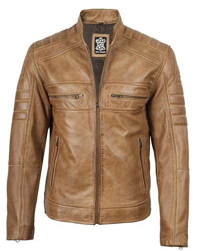 Image of fjackets Leather Jacket Men Real Lambskin - Cafe Racer Moto Style, Stand Collar Zip Up Jacket