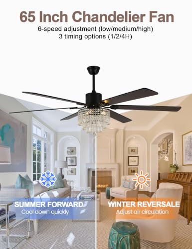 Image of 65'' Black Crystal Chandelier Ceiling Fan with Light