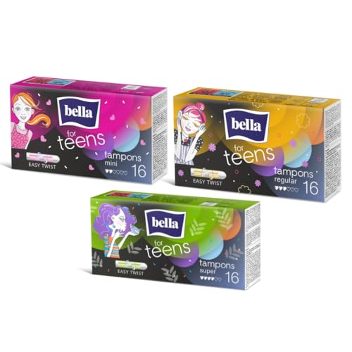 bella for teens Tampons im Probierpaket alle Größen im Set (3 x 16 Stück) | dermatest: EXCELLENT | saugstarke und bequeme Tampons für die erste Periode | für Teenager mit Easy Twist leicht zu Öffnen