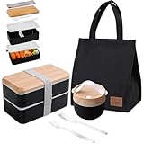 Aiuuee Bento Lunch Box, 1400ml Hermétique Boite Repas avec Sac Isotherme et Mug Soupe et Couverts, Lunchbox Micro Ondable, Étanche Bento Adulte Enfant Travail École Bureau Pique Nique (Noir)