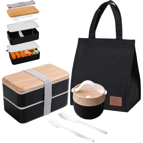 Aiuuee Bento Lunch Box, 1400ml Hermétique Boite Repas avec Sac Isotherme et Mug Soupe et Couverts, Lunchbox Micro Ondable, Étanche Bento Adulte Enfant Travail École Bureau Pique Nique (Noir)