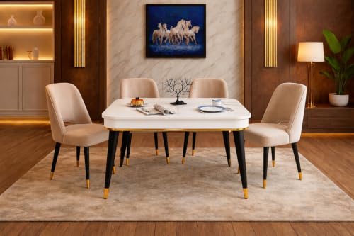 Image of WOODEN SPACE 4 Seater Wooden Dining Table Set | Urban Marble Top Dining Table with Chairs for Dining Room & Kitchen (Modern Vintage Beige) (42 x 42 x 30 inch)