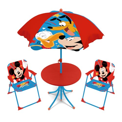 ARDITEX WD16128 Set de Table (50 x 50 x 48 cm), 2 chaises (38 x 32 x 53 cm) et Parasol (diamètre 110 cm) de Disney-Mickey