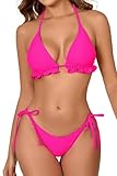 JOYBIK Women's Two Piece Triangle Bikini Sets Ruffle Halter Tie Side String Adjustable Sexy Swimsut with Reomovable Padded Hot Pink XL
