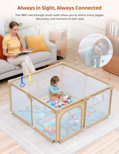 Image of Dripex Baby Playpen with Mat, 47 inchx47 inch Small Play Pen for Babies, Beige