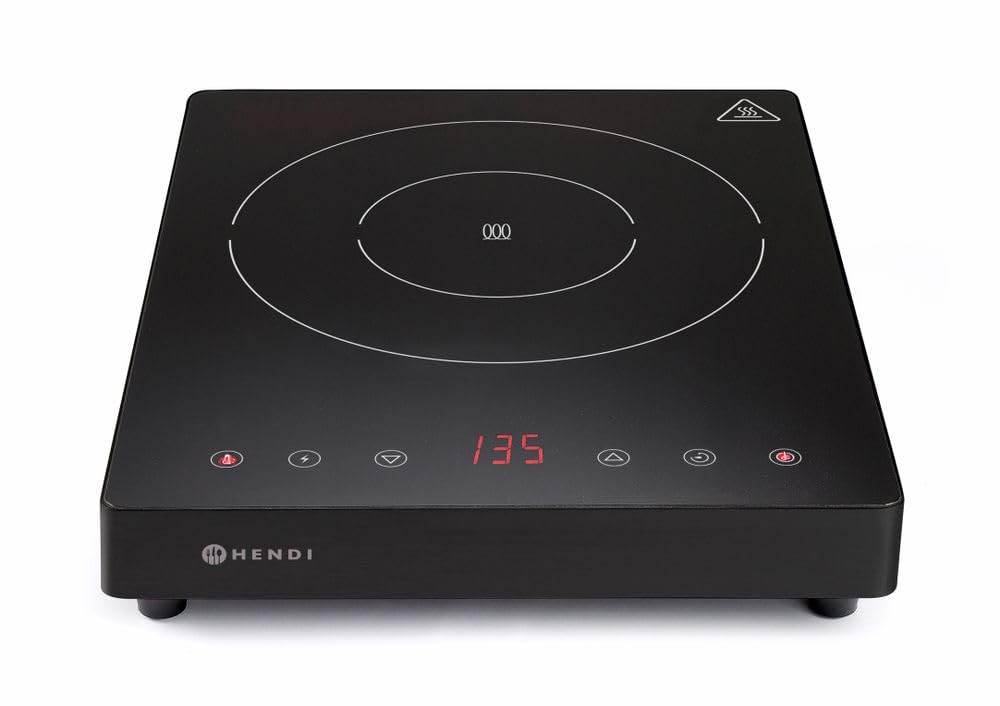 HENDI Placa de inducción portátil,cocina eléctrica de inducción, controles táctiles, función de temporizador, rango de temperaturas 35-240 °C, 230 V, 2000 W, 293x373x(H)56 mm, negro,acero inoxidable