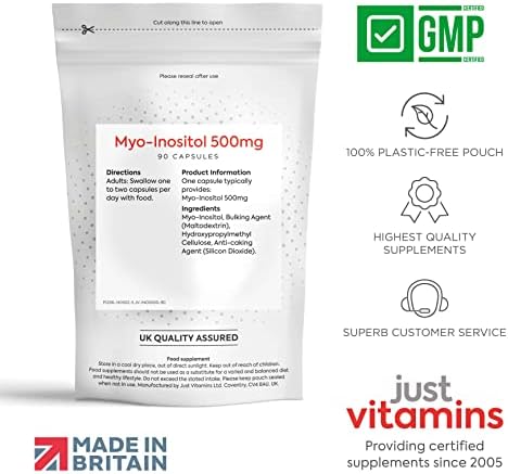 Myo-Inositol Capsules - 500mg x90 Capsules - Pure Premium Quality Myo Inositol Vitamin B8 - Female Hormone, Fertility, PCOS, Ovarian Function and Cycle Support Supplement by Just Vitamins. UK Made