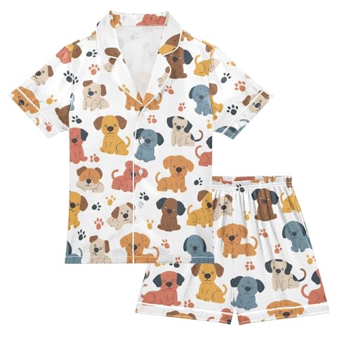 ALAZA Dog Paw Print Puppy Satin Pajamas Set Short Sleeve Button Down Sleepwear Summer Pjs 2 Piece