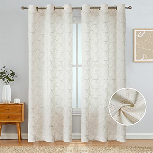 West Lake Linen Beige Boho Semi Sheer Curtains 63 Inch Bohemia Geometric Panels Embroidery Contemporary Lattice Grommet Farmhouse Window Treatment Natural Drapes For Living Room, Parlor 40”X63”X2 #TOP2