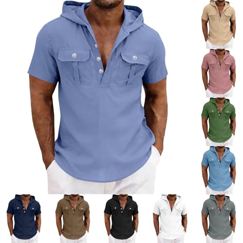 Men T Shirt Short Sleeve Pullover Top with Hood Button Detail and Utility Chest Pockets Plain Design Casual Style for Daily Wear