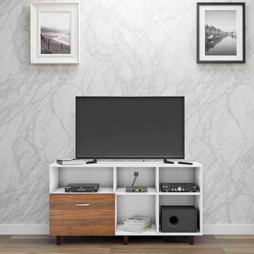 Image of VIKI Modern TV Unit for Living Room | Engineered Wood TV Cabinet with 1 Drawer Storage & 3 Open Shelves, Entertainment Unit, 140W x 74H x 40D cm | DIY | 1 Year Warranty (White & Walnut)