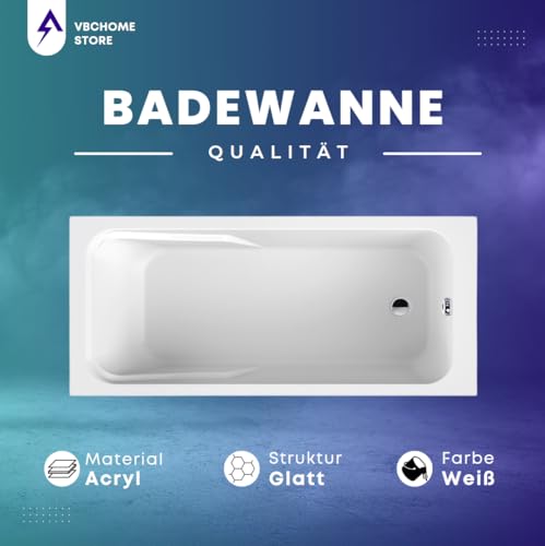 VBChome Badewanne 170 x 80 cm Weiß Acryl SET Wannenträger Siphon Wanne Rechteck Design Modern Styroporträger Ablaufgarnitur in Chrom 170x80 cm