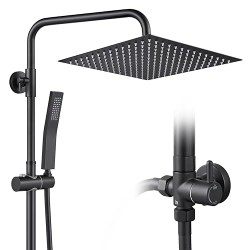 Auralum Colonne de Douche Sans Mitigeur Noir Mat en Laiton, Colonne Télescopique 68-108cm avec Tête de Douche Carrée 12