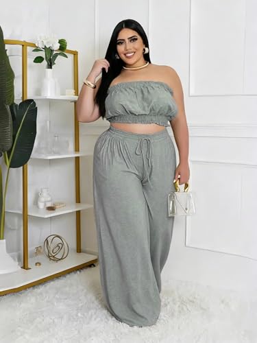 Image of Two Piece Sets for Women Summer Outfits Crop Tops and Wide Leg Pants Sets Sexy Jumpsuits Vacation Outfits with Pockets