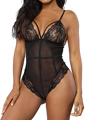 Aranmei Lingerie for Women Snap Crotch Lace Bodysuit Mesh Straps Teddy Underwear (Black, Small)