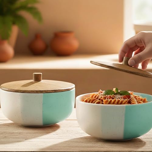 Image of The Earth Store Tritone Green Matte Ceramic Bowl Set of 2 - 500ML Each with Nob Wooden Lid | Mixing Bowls for Snacks, Rice, Dal, Fruits, Salad Microwave Safe Bowl with Lid Perfect Gifting & Daily Use