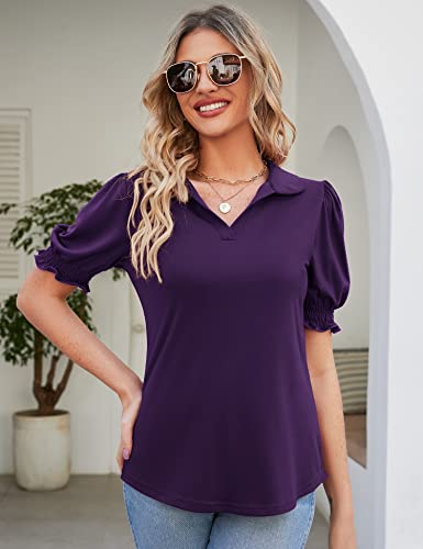 Micoson Womens Blouses For Work Professional Collar V Neck T Shirts Short Sleeve Polo Tops, Dark Purple S #TOP2