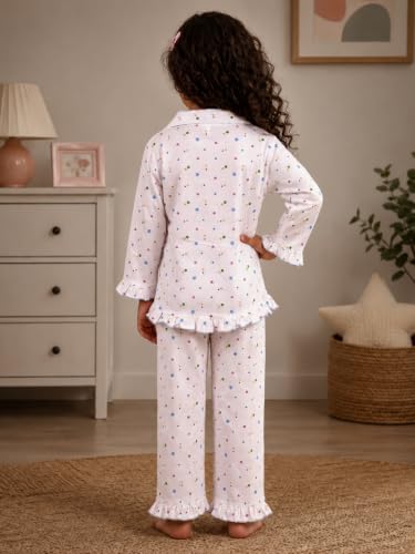 Image of superminis Hosiery Cotton Night Suit with Frill - Full Sleeves, Collared Neck, Sleep Wear for Girls, Kids