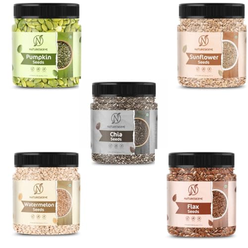 NATURESERVE Raw Seeds Combo for Eating | Pumpkin, Sunflower, Watermelon, Chia & Flax Seeds | Healthy Diet Snack for Weight Loss & Immunity (Pack of 5-500g)
