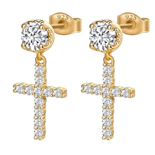 Yellow Gold Plated 925 Sterling Silver Hanging Drop Round Stud Cross Earrings for Men Women Dangle Earrings Unisex Hip Hop Jewelry CZ Hypoallergenic Ice Out Cross Dangle Earrings for Men