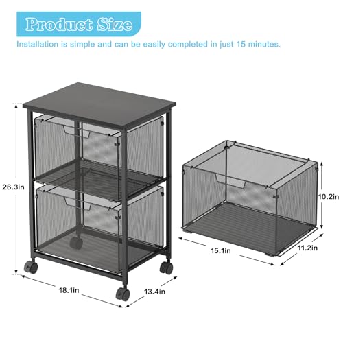 Sbanmao Letter/Legal Rolling File Cart with 2 Storage Drawers, Under Desk Storage, Vertical Filing Cabinet for Home Office, Hanging File Folders Organizer, Mobile Utility Cart Printer Stand, Black