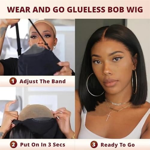 Nakkia 10 Inch Bob Wig Human Hair Pre Plucked Pre Cut HD Transparent Lace Front Wear and Go Glueless Wigs Human Hair for Black Women Short Straight 4x4 Closure Bob Wigs for Beginner