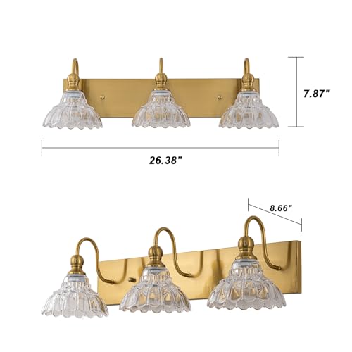 Image of EDISLIVE Vintage Vanity Light for Bathroom Gold 3-Light Bath Wall Light Fixture with Clear Flower Glass Shades 26.38 inch E12 Antique Wall Sconce for Bedroom Hallway Living Room Vanity Mirror