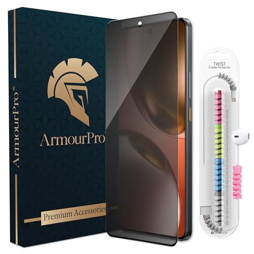 Image of ArmourPro Privacy Tempered Glass for Realme GT 7T, Anti Spy Anti Peeping Screen Protector, Edge-to-Edge Full Coverage, 9H Hardness with Cable Protector | Black