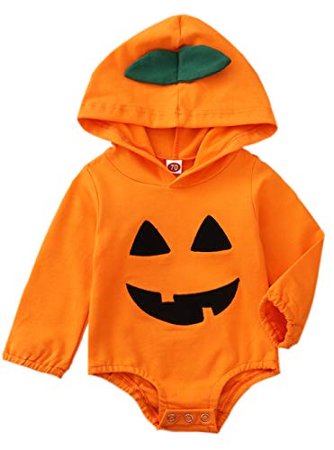 Newborn Infant Baby Halloween Romper Long Sleeves Pumpkin Hoodie Top Outfit Clothes (Orange, 12-18M)