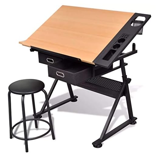 Mesa de dibujo – con escritorio inclinable, regulable en altura, dos cajones y taburete plano de apoyo – Escritorio, oficina, para arquitectos, técnicos, arte y diseño, 118 x 62 x 68,5-106 cm