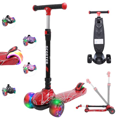 Kinderroller mit LED Leuchträdern, Klappbar Tretroller 3-12 Jahre, Höhenverstellbar Scooter für Mädchen & Jungen, Roller Kinder mit Rutschfesten Griffen & Hinterradbremse, Rot Spinnennetz Design Kinderroller mit LED Leuchträdern, Klappbar Tretroller 3-12 Jahre, Höhenverstellbar Scooter für Mädchen & Jungen, Roller Kinder mit Rutschfesten Griffen & Hinterradbremse, Rot Spinnennetz Design