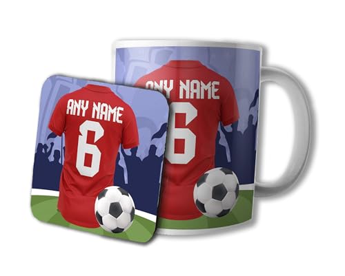 AK Giftshop Personalised Football Mug and Coaster Gift Set, 320ml Ceramic Cup, Sports Jersey Design with Name & Number On Shirt (Manchester Colours)