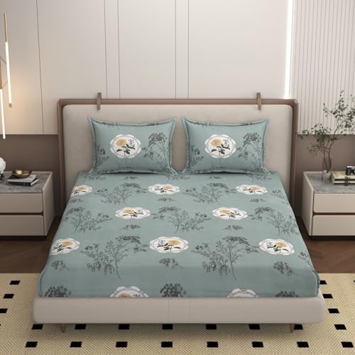 Image of Botanica Luxury Cotton Fitted Bedsheet for King Bed (78x72 Inches) - Includes 2 Pillow Covers - Soft & Breathable Fabric Stylish Finish Comfort & Modern Look (Pack of 1)