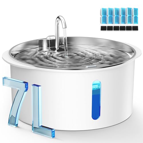 Pektaco Dog Water Fountain for Large Dogs, 1.8Gal/7L Pet Water Fountain, Dog Water Bowl Dispenser with Viewing Window & LED, Super Quiet, Stainless Steel Tray Easy Clean BPA-Free(with 6 Filters)
