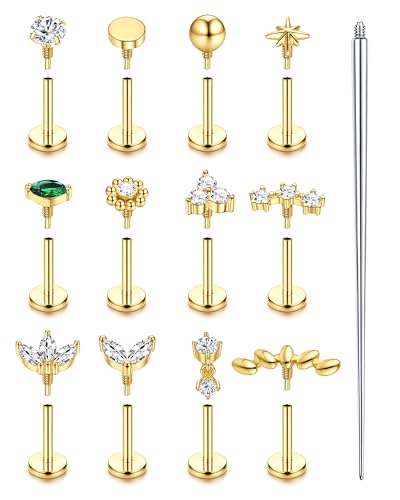Krfy 16G/18G Helix Tragus Piercing Schmuck Chirurgenstahl Innengewinde Forward Helix Studs Ohrring Gold Silber Flache Ohrringe Nasenpiercing Labret Tragus Knorpel Conch Piercing Ohr-6mm-16GG