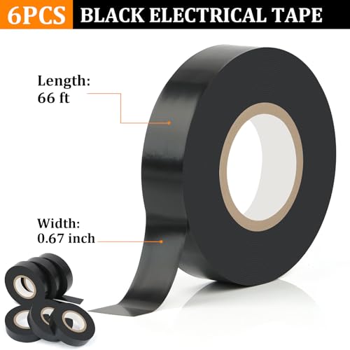 Image of 6 Pack Black Electrical Tape, 66 Ft Waterproof Electric Tape Black | High Temperature for Repairs, Adhesive, Insulating Electrical Tape for Home Outdoor, Electrical Tools and Accessories