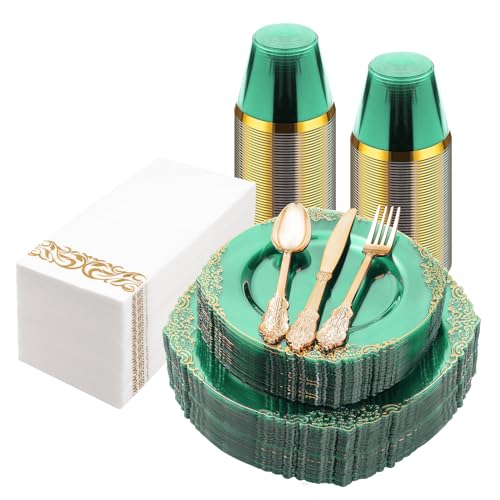 Bestluck 175PCS Clear Green Plastic Plates for 25 Guests by Bestluck - Used condition - US$20.01
