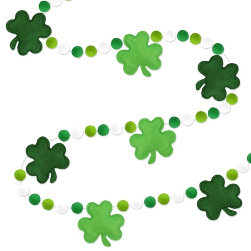 Arosche St Patricks Day Decorations Felt Pompom Banner Cute 3D Lucky Green Shamrocks Felt Ball Pre-Assembled Hanging Banner Happy St. Patrick's Day Garland for Mantle, Wall, Party Supplies