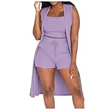 Conjunto de pantalones de 3 piezas para mujer, estilo casual, elástico, de color sólido, acanalado, sin mangas, chaleco y pantalones cortos, traje de boda para mujer, Morado (, XL