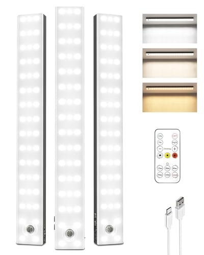 Image of EZVALO 13inch Under Cabinet Lighting, 3200mAh Rechargeable Wireless Motion Sensor Lights, 96 LEDs, 3 Color Temps, Dimmable, Timer, Magnetic, with Remote for Kitchen (3 Pack)