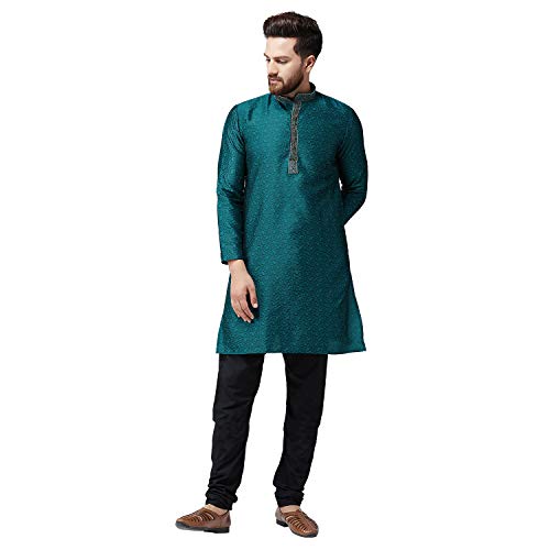 Image of SOJANYA (Since 1958 Mens Maroon Jacquard Silk Kurta and Black Churidaar Pyjama Set