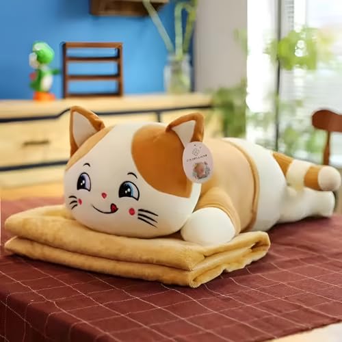 Image of Tickles Sleeping Cat Soft Stuffed Plush Animal Pillow for Kids Boys & Girls (Size: 35 cm Color: White & Brown)