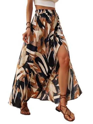 Floerns Women's Summer Tropical Print Slit Long Skirt Elastic High Waist Flowy Maxi Skirt Multicolor Medium