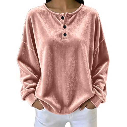 Image of Orange Jumper - Women's Velvet Sweatshirt Long Sleeve Button Henley Top, Loose Fit Pullover Shirt with Round Neck for Casual Everyday Wear