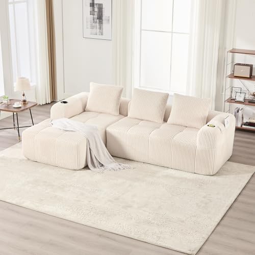 Yihomfy Canapé d'angle convertible, 253 cm, canapé compressé 3 places avec porte-gobelets et poches latérales, canapé modulable en velours côtelé avec...