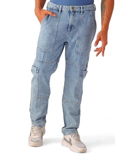 Image of The Indian Garage Co Men Dad Fit Solid Mid-Rise Cargo Denim